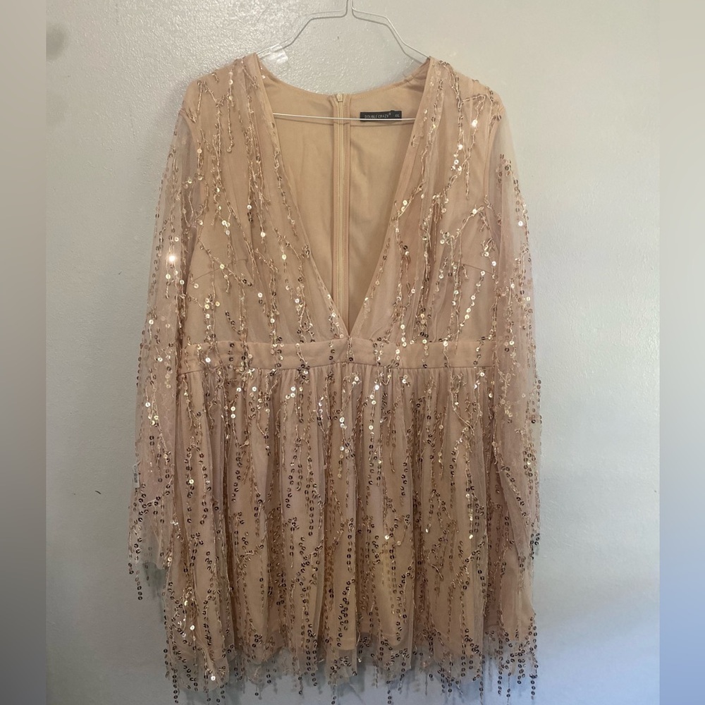 Double Crazy Long Sleeve Sequin Dress in Champagne